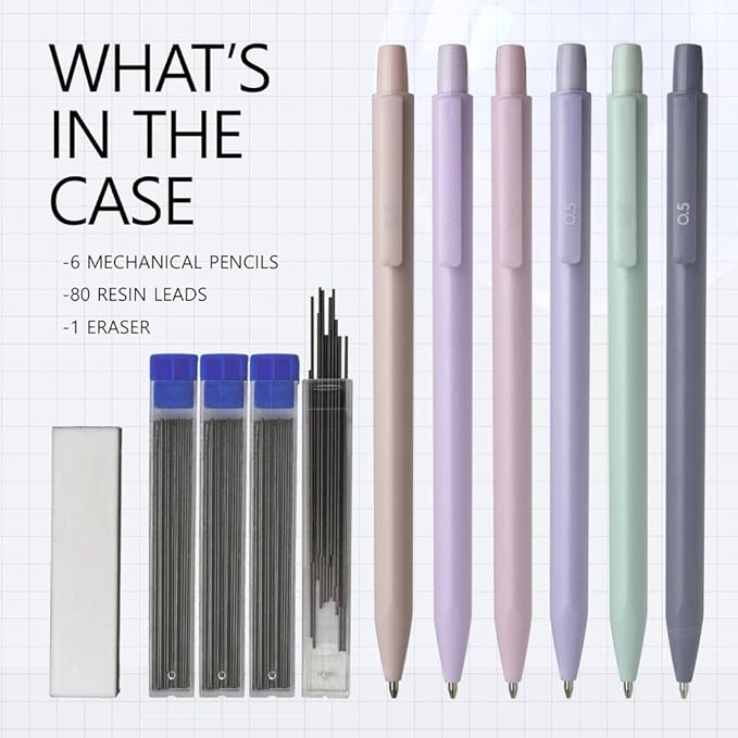 Mechanical Pencils Set 0.5mm & 0.7mm, 6 Pack with Lead Refills & Eraser, Triangular Grip, One-Piece Barrel, Pastel Colors for Writing Drafting & Sketching