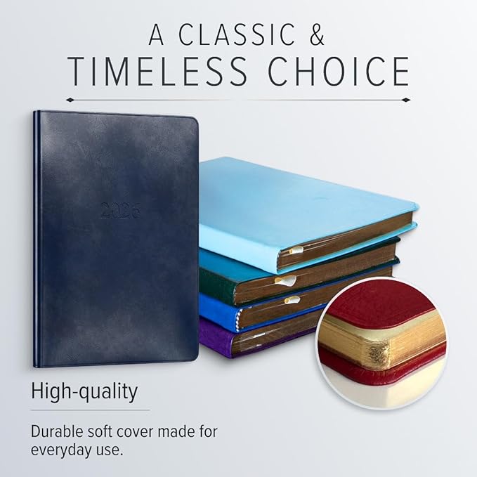 Gallery Leather Desk Hourly Weekly Monthly Planner 2025-2026, Elegantly Bound Calendar Planner and Notebook with Stylish Gold-Gilded Page Edges, 12 Months - Acadia Navy - 8 x 5.5 "
