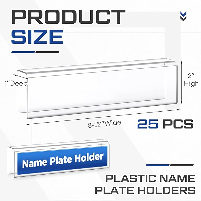 Wonderjune 25 Pack Plastic Cubicle Name Plate Holder 8.5" Wide x 2" High Glass Wall Name Plate Holder Clear Acrylic Sign Display Stand for Home Office Business (Suitable for 1" Cubicle Wall)