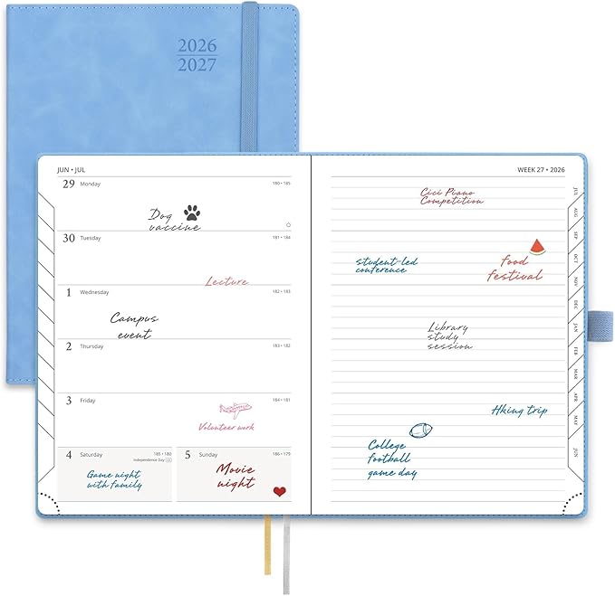 POPRUN Weekly Planner 2026-2027 (Medium 6.5''x 8.5'') Academic Calendar (JUL.26 - JUN.27) Appointment Book with Monthly Tabs, Leather Soft Cover, Inner Pocket, 100 GSM - Cerulean Blue