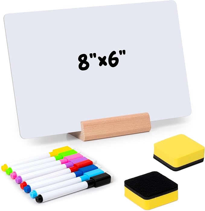 Small Dry Erase Board - Whiteboards for Classroom Supplies with 10 Markers and Eraser, Portable Double Sided Lapboard with Wood Base for Students Teachers School Accessories (8 x 6 in)