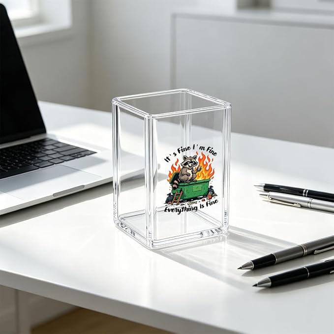 Funny Pen Holder for Desk - Dumpster Fire Response Team - Clear Acrylic Makeup Brush Holder, Sarcastic Office Decor, Pencil Cup & Stationery Organizer for Coworker Workplace Gifts