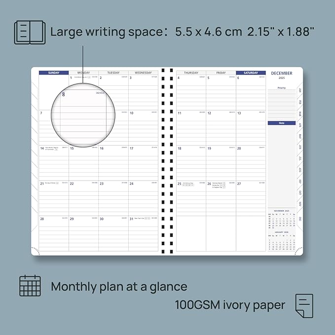POPRUN 2026-2027 Monthly Planner A4 Size, 16 Months Calendar (Dec 2025-Mar 2027), 2 Pages per Month with Dotted & Lined Note, Monthly Tabs, Spiral Softcover, 2 Inner Pockets - Blue Green