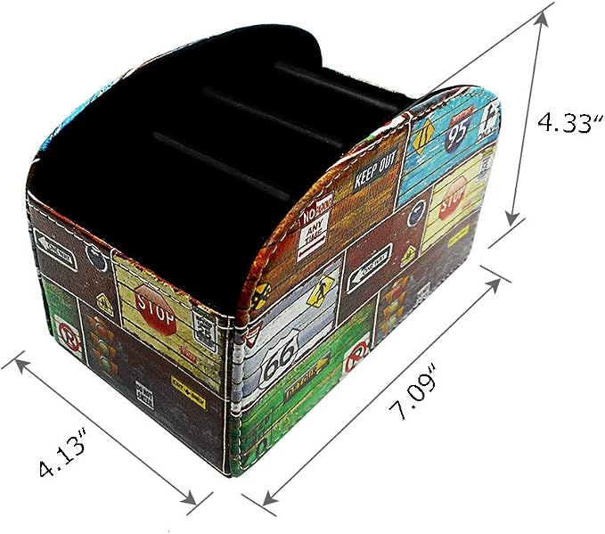 Remote Control Holder Organizer - Leather Table Desk Storage with 5 Spacious Compartments (Road Sign)