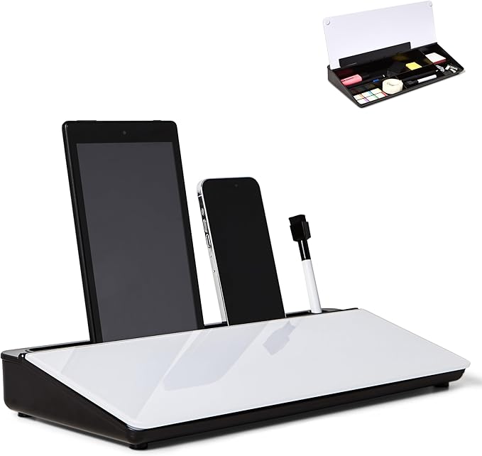 GAROOD Desktop Dry Erase Board with Storage (Black Base) Desk White Board Desk Board Glass Desktop White Board with Stand Home Office Organizer Phone Holder 15.8X7X2 inches
