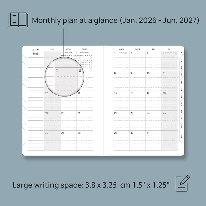 POPRUN Monthly Planner 2026-2027, Medium-6.25'' x 8.5'', 18-Month Calendar Book (Jan.26 - Jun.27), Calendar Planner with Monthly Tabs, Storage Pocket, Hardcover, 100 GSM Paper - Haze Blue