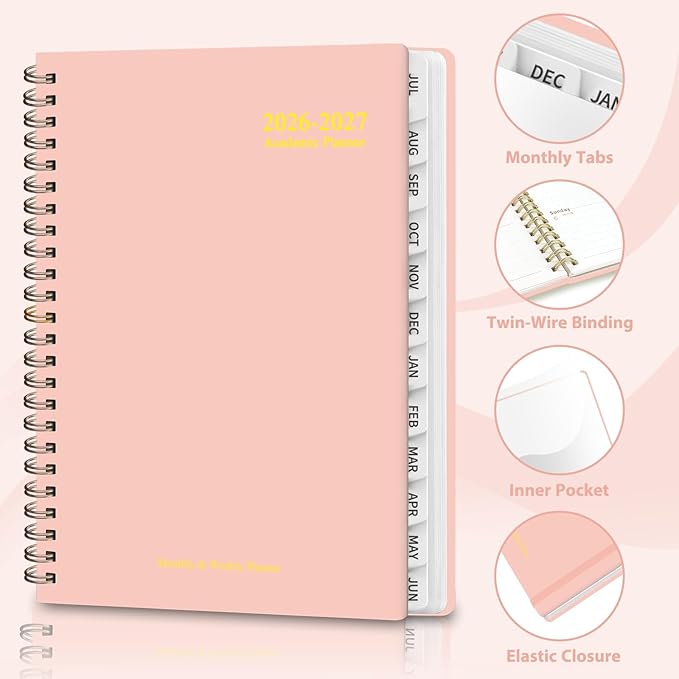 Academic Planner 2026-2027, Weekly and Monthly Agenda Planner, Daily Calendar Planning Notebook (July 2026 - June 2032), School Teacher Student Supplies, Pink