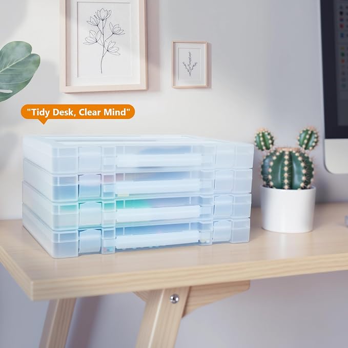 CraftGenes Scrapbook Paper Storage, 4 Pack Stackable Craft Organizers with Handle, Fits More 8.5x11 and School Projects Box, Paper Organizer Storage for Office & Home Organization
