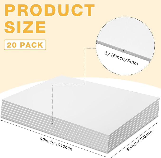 Tenceur 20 Pcs Large Foam Boards Bulk Foam Core Backing Board 3/16 Inch Thickness Foam Core Board Foam Poster Boards for Presentations, School, Office, Art Projects(White,30 x 40 x 3/16 Inches)