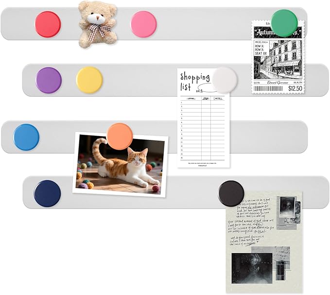 Magnetic Board - 4Pcs Frameless Stainless Steel Magnet Bulletin Board Strips with 10 Colorful Magnets, Magnetic Strips with Adhesive Backing Memo Board for Wall Office Kitchen Classroom Fridge