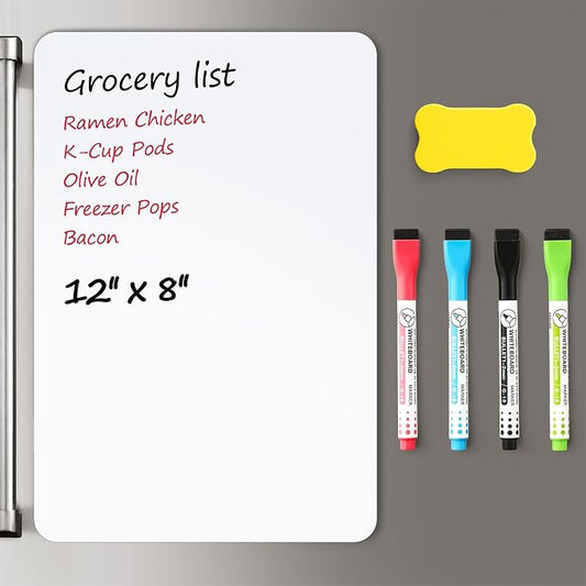1 Pack Magnetic Dry Erase Board Sheet for Fridge, 12"x8" Erasable Refrigerator WhiteBoard w/ 4 Markers & 1 Eraser- Smooth and Flexible Small Magnet Blank Notepad for Home Kitchen Organizer and Planner