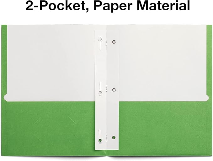 Staples School Grade 2‑Pocket Folders with Fasteners, Green, Letter‑Size Durable Classroom & Office File Folders, 25/Box