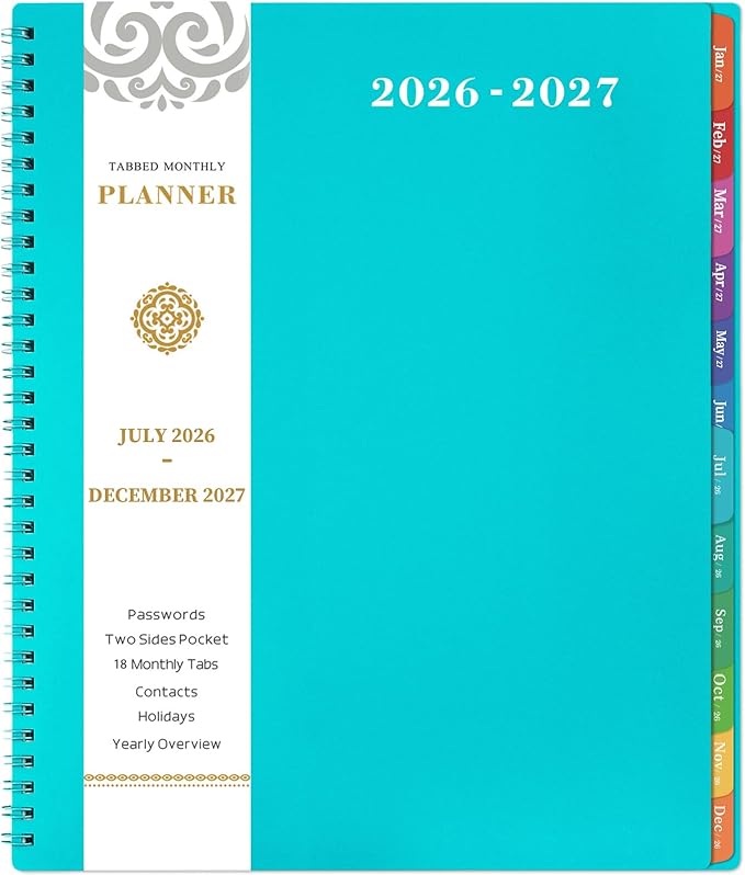 2026-2027 Monthly Planner - Planner/Calendar 2026-2027, JUL 2026 - DEC 2027, 9" x 11", 18 Month Planners with Tabs, Pocket, Label, Contacts and Passwords, Twin-Wire Binding, Blue