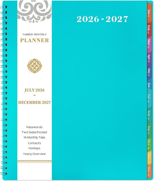 2026-2027 Monthly Planner - Planner/Calendar 2026-2027, JUL 2026 - DEC 2027, 9" x 11", 18 Month Planners with Tabs, Pocket, Label, Contacts and Passwords, Twin-Wire Binding, Blue