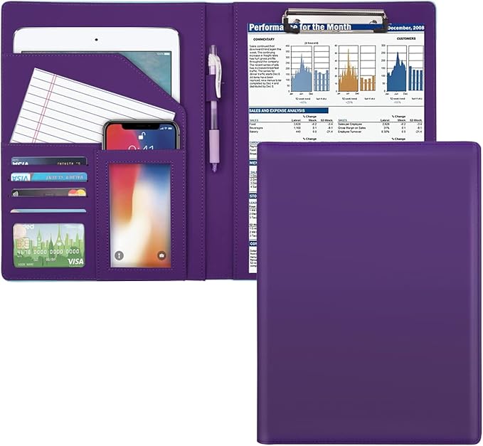 WAVEYU Resume Portfolio Folder, Padfolio Clipboard, Writing Portfolio Leather Clipboard with Cover for Legal Pad Holder Letter Size A4 for Business Conference Notepad Clip Boards, Purple