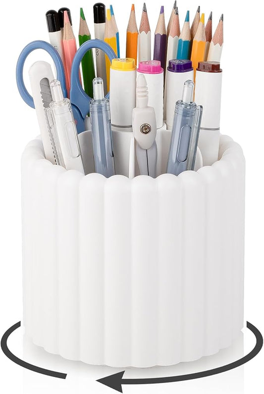Anyoifax 360° Rotating Pen Holder 7 Slots Desk Organizer Removable Pencil Cup Plastic Art Supplies and Accessories Desktop Storage Box Caddy for Office, School, Home (White)