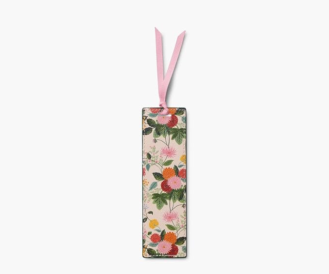 RIFLE PAPER CO. Dahlia Bookmark, 1.75" W x 6" L, Vintage-Inspired Floral Design, Saffiano Polyurethane, Pink Grosgrain Ribbon, Gold Foil Logo, Wipe-Clean