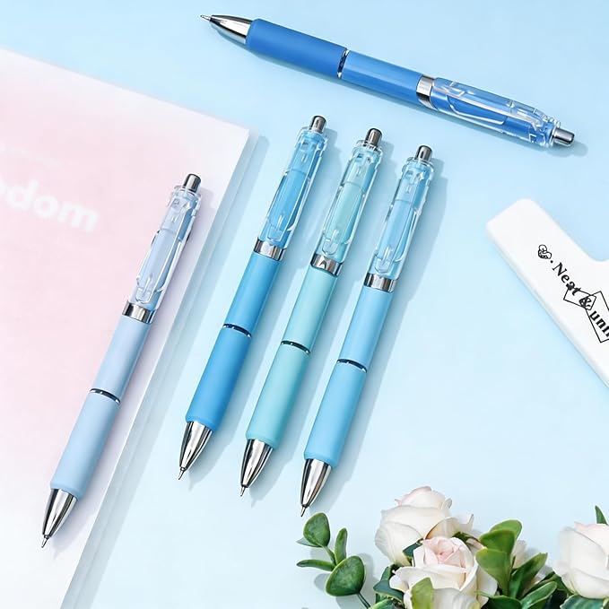 Temiary 5 Pcs Retractable Gel Pens, 0.5 mm Black Ink Fine Point Quick Dry Gel Ink Pen, Aesthetic Smooth Writing for School Office Journaling Note Taking and Sketching (Blue)