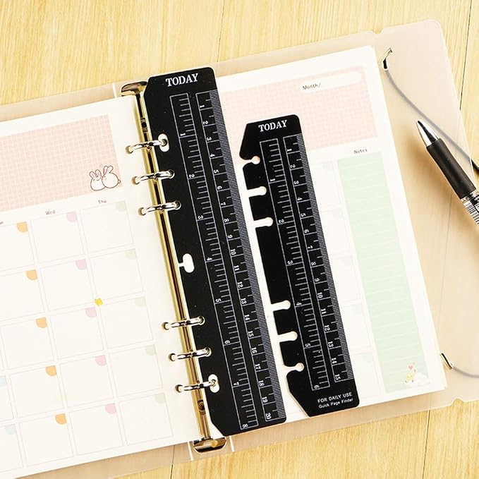JKJF 4 Pcs Plastic Page Marker Snap-in Bookmark Ruler Binder Ruler for A5 A6 Size 6-Hole Notebook Filler - Clear and Black