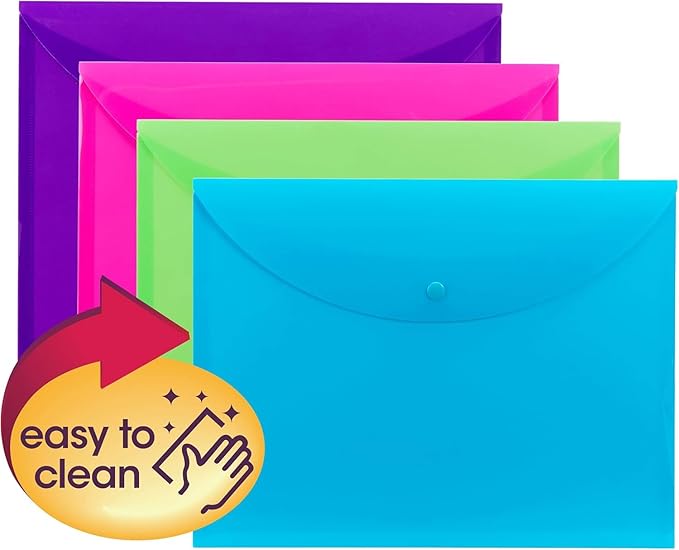 Smead, Poly Envelopes Plastic Folders, File Folders for Documents Letter Size with Snap Closure, Teacher School Office Supplies Organization Storage, Assorted Color, 12 Pack