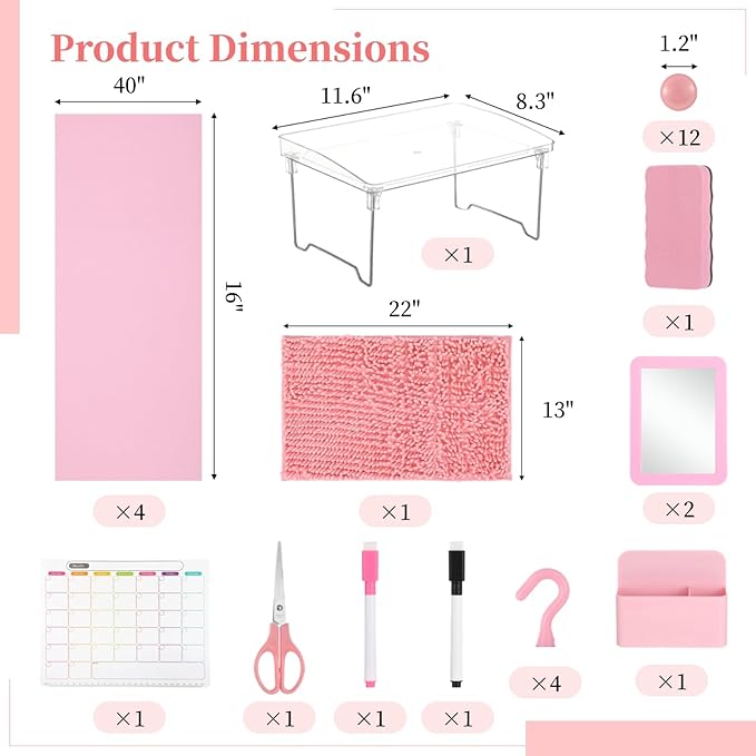 OMISTAR 30 PCS Pink Locker Accessories Set With Shelf, Marble Wallpaper, Rug, Magnetic Mirror, Whiteboard, Dry Erase Marker, Refrigerator Magnet for Decoration