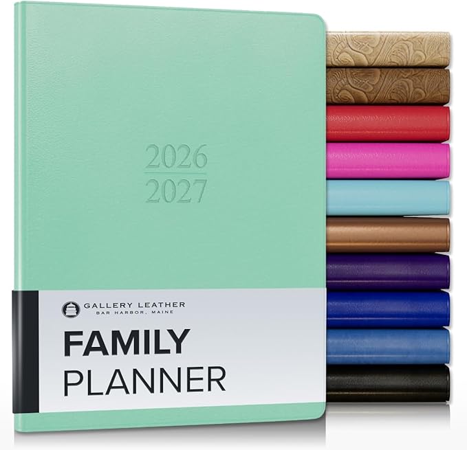 Gallery Leather Family Planner 2027, for moms, Elegantly Bound Calendar Planner and Notebook with Stylish White Page Edges, 18 Months - Caribbean Sea Glass - 9x7"