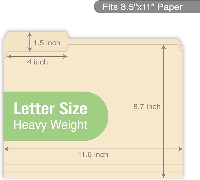 Woodlake Manila File Folders 8.5 x 11 Letter Size, 220gsm Paper Filing Folders with 1/3 Cut Tabs, 100 Pack Manila Folders for Office, School, Home, Business & Document Organization, Made in USA