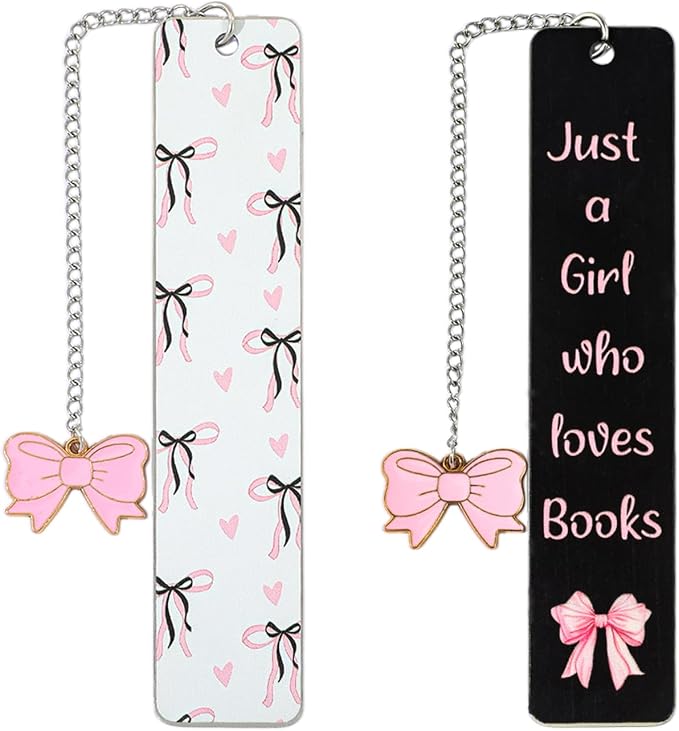 Pink Bow Metal Bookmark Gift Silver Chain Pendant with Bow for Women's Christmas Gift Book Lover Book Accessories School Supplies Office Stationery (Pink Bow Bookmark 2PCS)