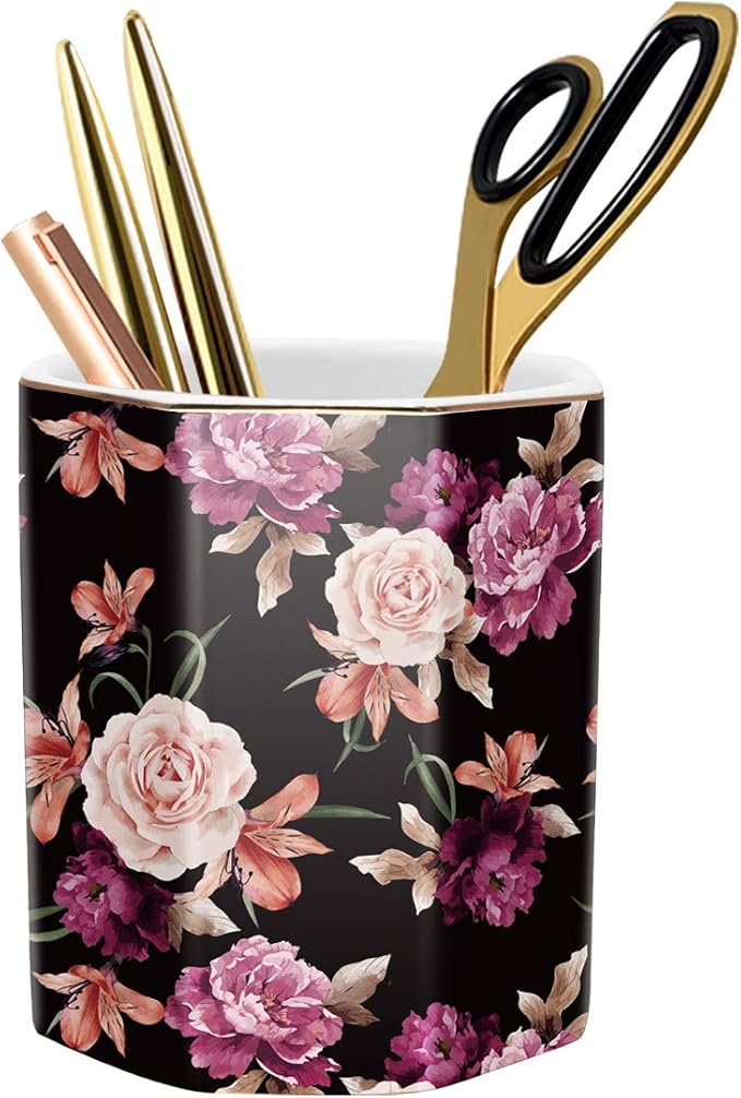 Pen Holder, Pencil Holder for Desk Floral Pattern Pencil Cup for Girls Kids Durable Ceramic Desk Organizer Makeup Brush Holder for Office, Classroom, Home, Black Flower