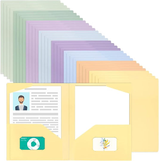 EOOUT 32pcs Plastic Folders with Pockets, Heavy Duty Pocket File Folders, 2 Pocket Folders with 2 Business Card Holder, 8 Colors, Letter Size, A4 Size, for Office School Filing Supplies