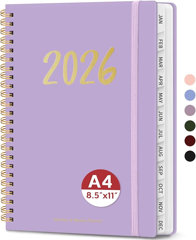 2026 Planner - Weekly and Monthly Planner, January 2026 to December 2026, Spiral Bound 2026 Calendar Planner Book, Inner Pocket, Perfect for Office Home School Supplies - A4 (8.5" x 11"), Lilac Purple