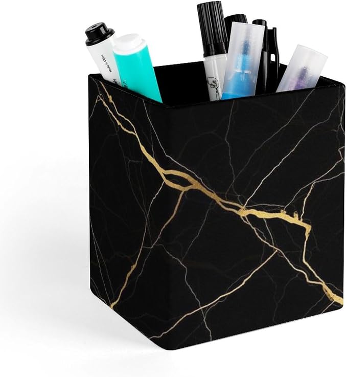 Pen Holder Stand For Desk, Pencil Pen Holder Cup, Desktop Stationery Organizer, Waterproof Multifunctional Office Supplies Black Marble Gold Texture