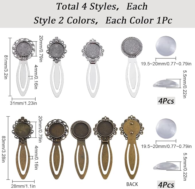 SUNNYCLUE 1 Box 16Pcs DIY 8 Sets Vintage Bookmark Metal Antique Bronze Silver Bookmark Bezel Tray Cabochon Bookmarks Making Kit Glass Cabochons Book Mark Blanks Bookmark Bezels for Adults DIY Crafts
