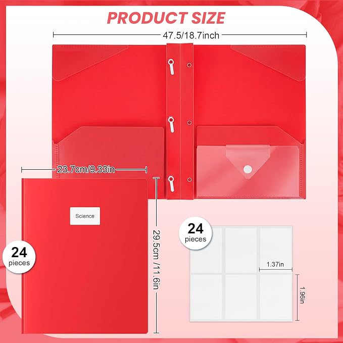 Kosiz 24 Pcs 2 Pocket Folders with Prongs, Paper Folders with 2 Pockets and 3 Prongs Fit Letter Size Paper, Back to School File Document Organizer for School Office Home Supplies (Red)