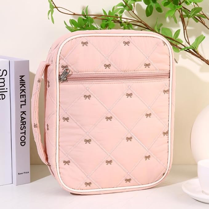 Pink Bible Bags for Women Organizer with Study Supplies Accessories, Quilted Bible Cover Case for Women Carrying Case for Girls Book Case Purse with Bible Stuff