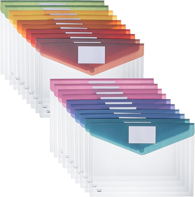 Mr. Pen- Clear Plastic Envelopes File Folders, 20 Pack, A4, Letter Size, Colorful Flaps, Clear Folders for Documents Plastic Poly Envelopes with Label for School, Home, Work, Office, Organizer