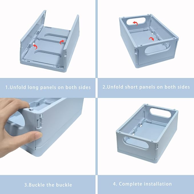 Plastic Storage Crate Folding Desk Organizer Basket Set of 4, 2 Medium+2 Small Collapsible Storage Bins Portable Organizing Crates for Office Classroom Kitchen Bedroom Bathroom Desktop Drawer, Blue
