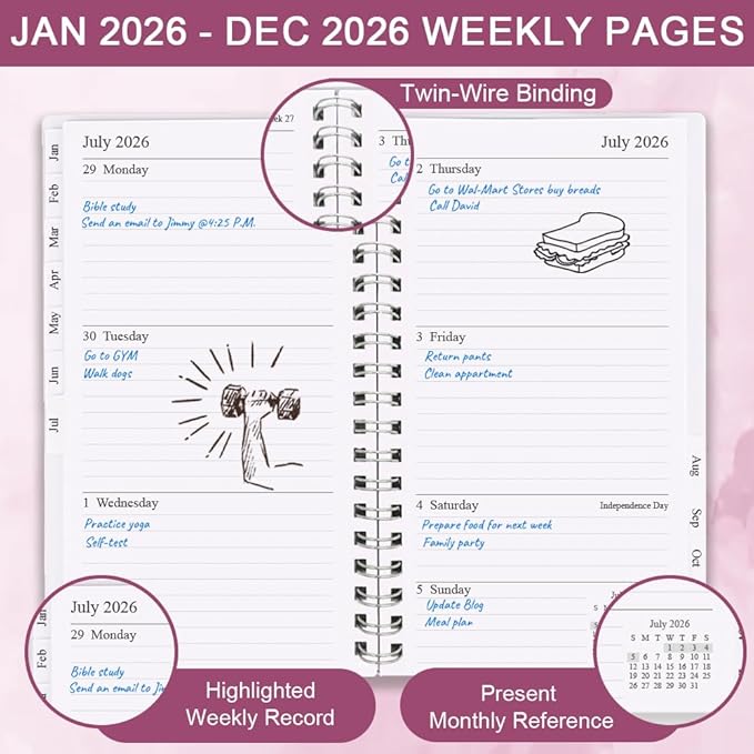 2026 Pocket Planner/Calendar - A6 Weekly & Monthly Organizer Notebook & Journal to Track Goals, Easy to Organize Your Daily Life, Medium 3.75" x 6.75", Pink