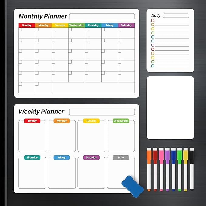 FINDMAG 4 Pack Magnetic Whiteboard for Fridge, 16.5"x11.8" Magnetic Calendar for Planner 2026, Kitchen White Board, Fridge Calendar for Cleaning Schedule and Checklist(1 Eraser, 8 Markers)