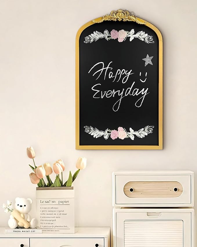 OKYDOKY Arch Chalkboard; 19 x 31 Framed Arched Ornate Vintage Magnetic Chalkboard, Gold Pine Wood Fram, Ideal as a Motivational Vision Board or Wall Organizer