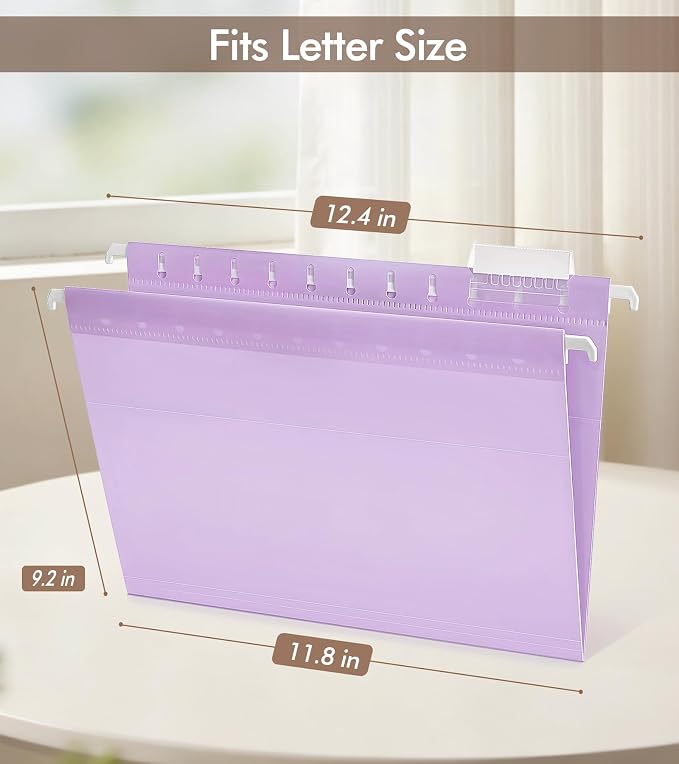 Plastic Hanging File Folders Letter Size, Colored Hanging File Folders with Tabs, Durable Waterproof Plastic Hanging Folders for Filing Cabinets, Office, School & Home Organization (15, Purple)