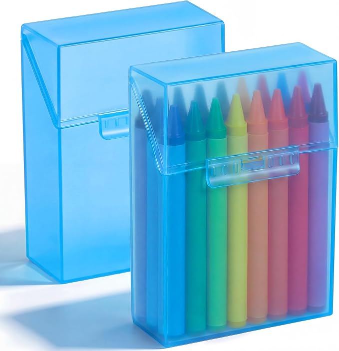 Clabby 2 Pcs Plastic Crayon Organizer Case for 24 Count Crayons Kids Art Supply Storage Box with Lid, Portable Holder for Classroom Home Travel, Fits Standard 24-Pack Crayon (Blue)