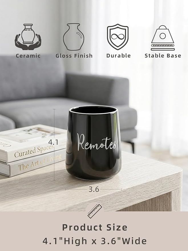 LEETOYI Ceramic Remote Control Holder, 4.1" Remote Caddy Storage, Makeup Brush Holder, Media Controllers Organizer for Living Room, Table, Bedroom & Office (Black)