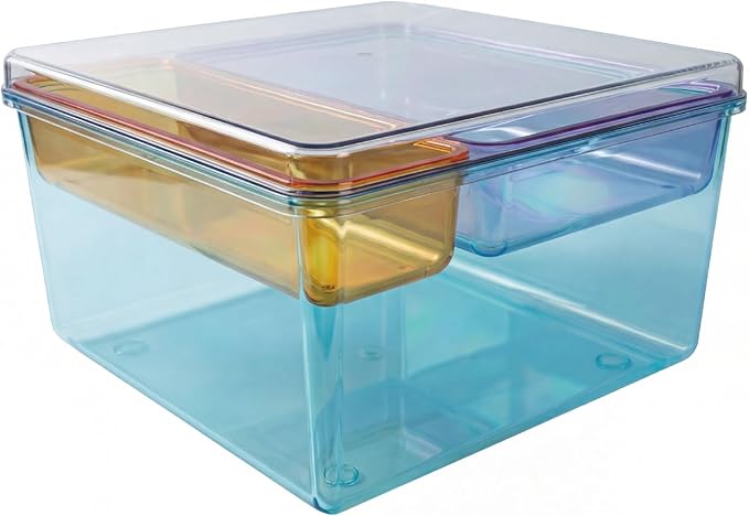 MOSSRIVER 3 Pack Clear Drawer Organizer Set, Plastic Desk Organizer Bin with Lid & Trays, Colorful Storage Box with Removable Trays for Cosmetics, Jewelry, Bedroom, Bathroom, Office, Combo 01