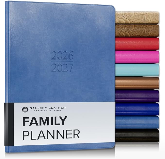 Gallery Leather Family Planner 2027, for moms, Elegantly Bound Calendar Planner and Notebook with Stylish White Page Edges, 18 Months - Acadia Hydrangea - 9x7"