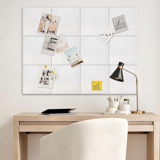 Chejiaye Vision Board for Photo&Pictures,Felt Message Wall Panel 6Pcs11.8"x11.8"Self-Adhesive,Removable Cork Board Bulletion&Poster Board for Office Classroom Decor Hanging File Folders,White