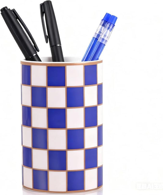 Ceramic Checkered Pen Holder For Desk,Cute Stand Black And White Pencil Cup,Durable Ceramic Pencil Cup, Decorative Makeup Brush Holder Cup, Stationery Holder for Office, School, Home (Blue)