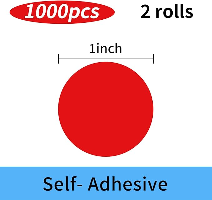 STARLIBOO Colored Dot Stickers, 1 Inch Circle Color Code Label, Red Waterproof Garage Sale Stickers, Yard Sale Price Labels (2 Rolls, 1000Pcs)