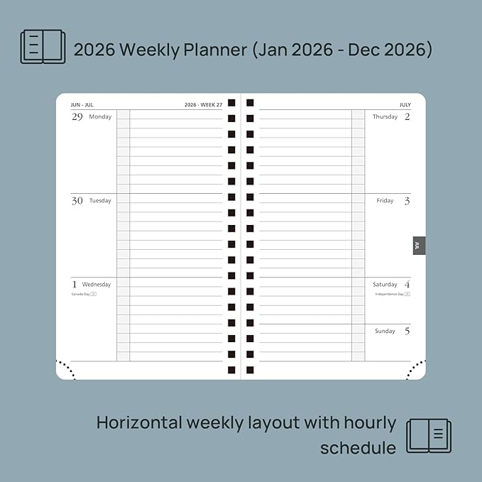 POPRUN Pocket Planner 2026 (Jan-Dec), Small Size-4'' x 6.25'', 12-Month Horizontal Weekly Notebook, 2026 Pocket Calendar Book with Monthly Tabs, Spiral Soft Cover, Inner Pocket, 100 GSM - Midnight Green