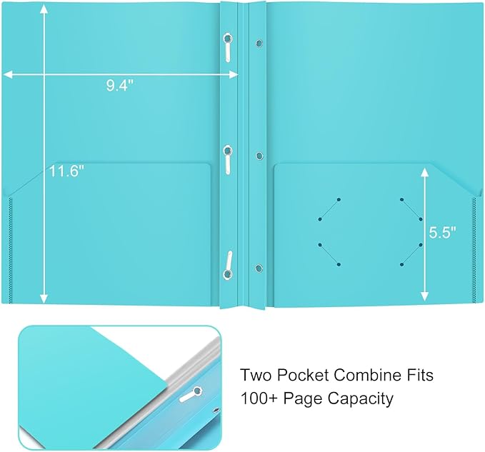 ViVin 12 Pack Plastic Folders with Pockets and Prongs, Heavy Duty 2 Pocket Folders with 3-Prong Fasteners, Poly File Holds 8-1/2" x 11" Paper for School Office Home (Lake Blue)